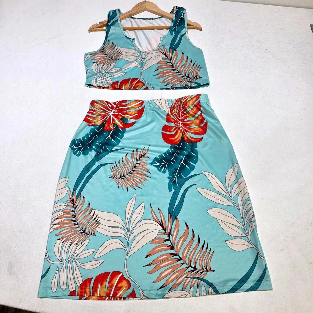 Xinyubaby 2 Piece Skirt Set Womens XXL Teal Tropical Palm Leaf Crop Top Skirt